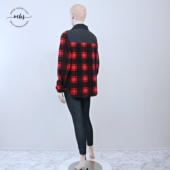 Columbia Benton Springs Overlay Plaid Check Zip Fleece Jacket Red Black Women M - Picture 4 of 10